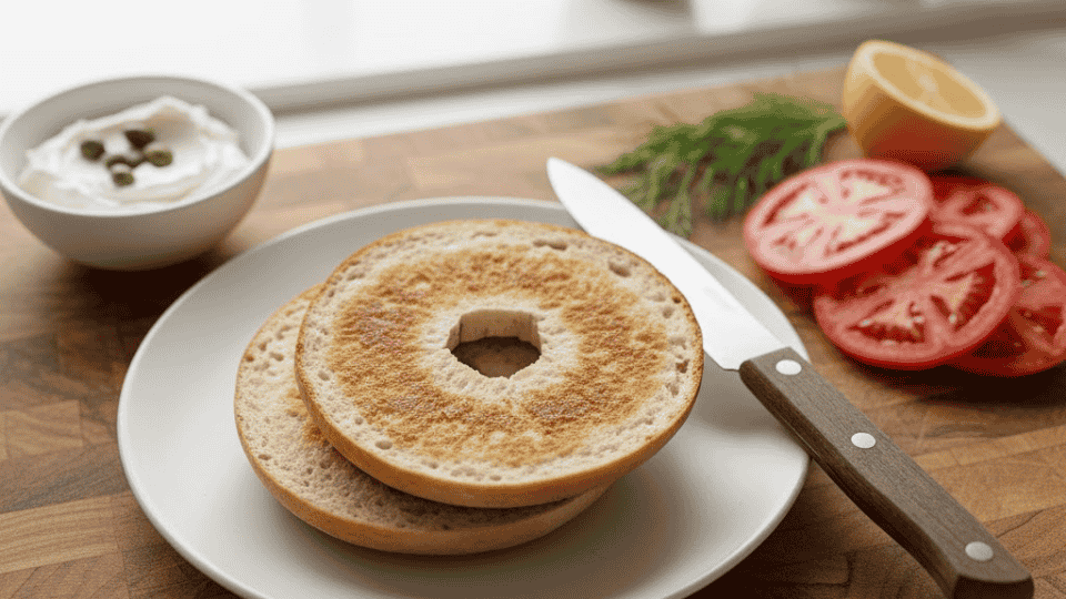 toasted bagel thin halves on a white plate with sliced tomatoes, lemon, and cream cheese nearby