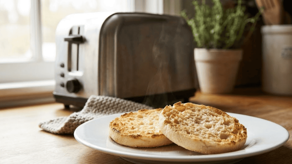 toasted english muffin halves on a white plate in a sunlit kitchen next to a silver toaster
