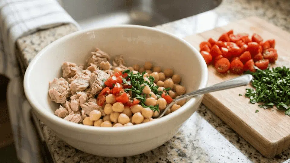 tomatoes and parsley added to the bowl, some remain on a cutting board