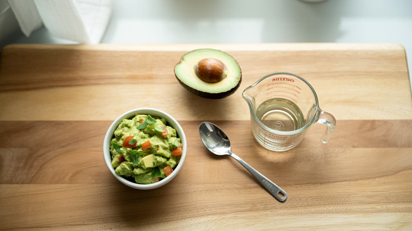 top view of fresh guacamole in a bowl with sliced avocado and measuring spoons on a wooden table