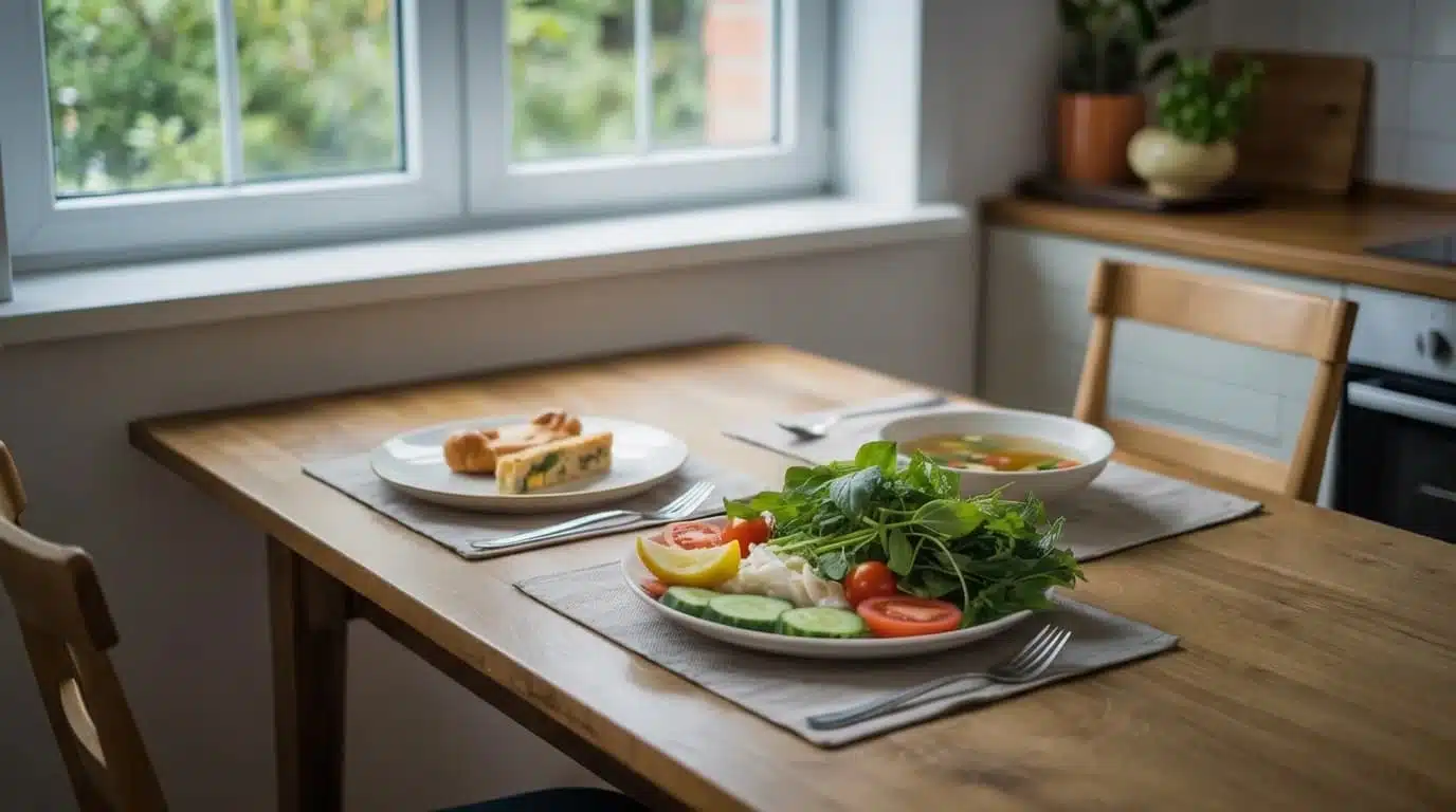 two plates showing small calorie dense food and large portion of vegetables and soup on a table