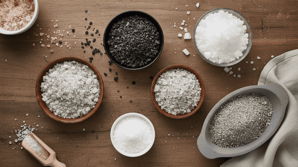 types of salt varieties in bowls including pink himalayan black sea salt white flakes and grey celtic