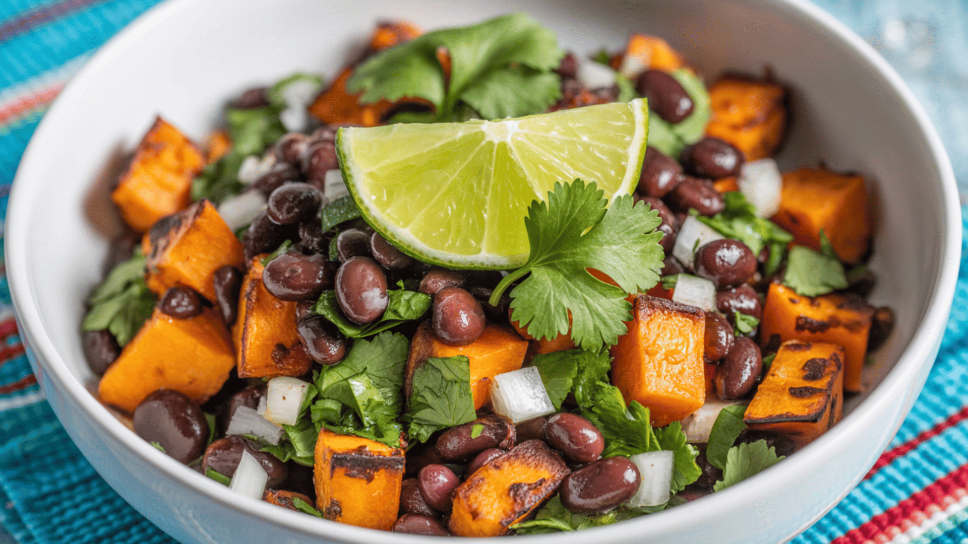 vibrant Mexican-style salad in a white ceramic bowl the salad consists of roasted sweet potato cubes, black beans, diced white onions, and fresh cilantro leaves