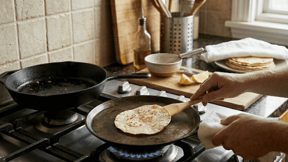warming a flour tortilla in a flat pan with a stack of tortillas waiting nearby