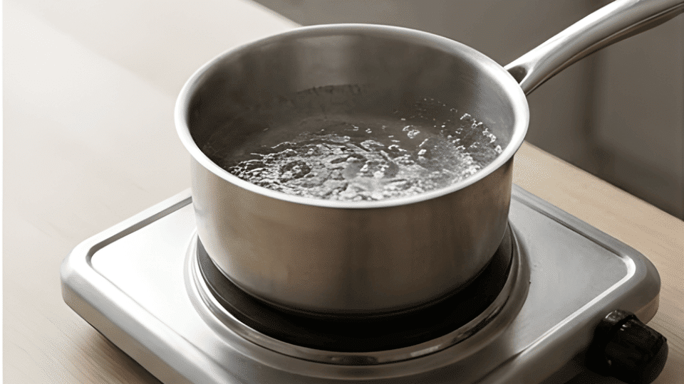 water gently simmering in small saucepan on stove in minimal kitchen