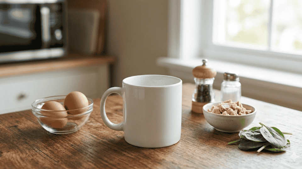 white mug on a wooden table with eggs tuna spinach salt and pepper ready for prep