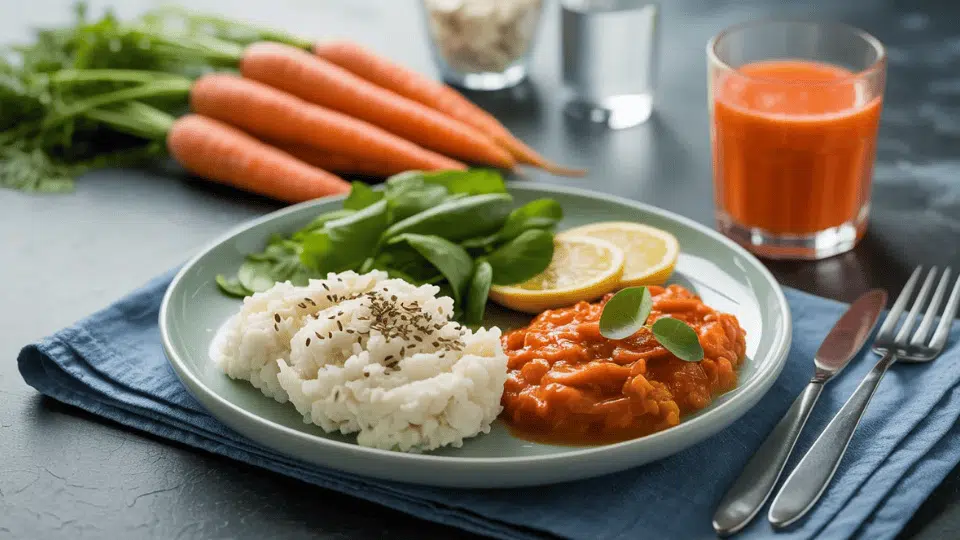 white rice with lentil curry spinach and lemon on a plate with fresh carrots and carrot juice on the side