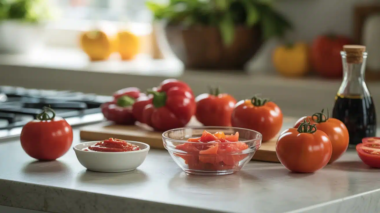 whole tomatoes, diced tomatoes, and tomato paste on a kitchen counter with peppers and vinegar in the background