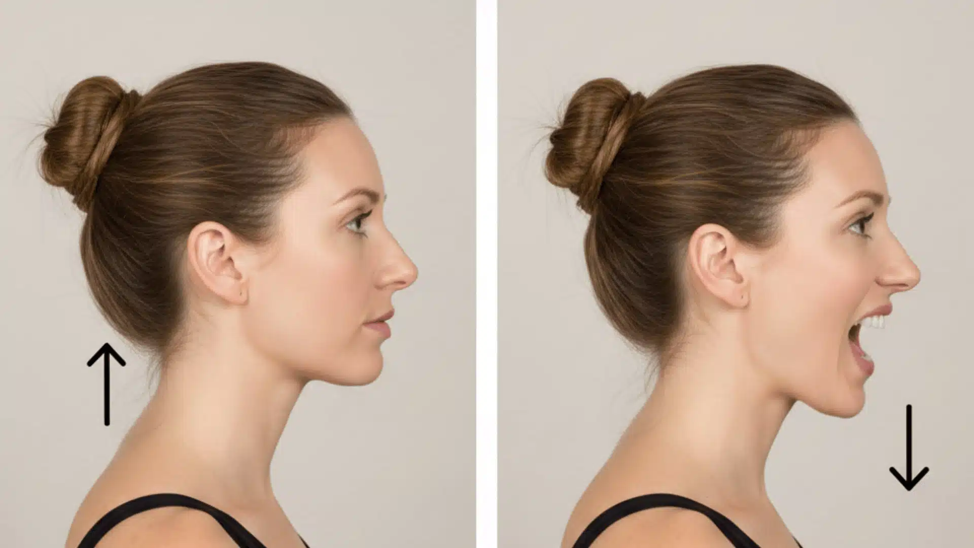 woman demonstrating controlled jaw opening exercise with tongue on roof of mouth, side profile view showing proper technique