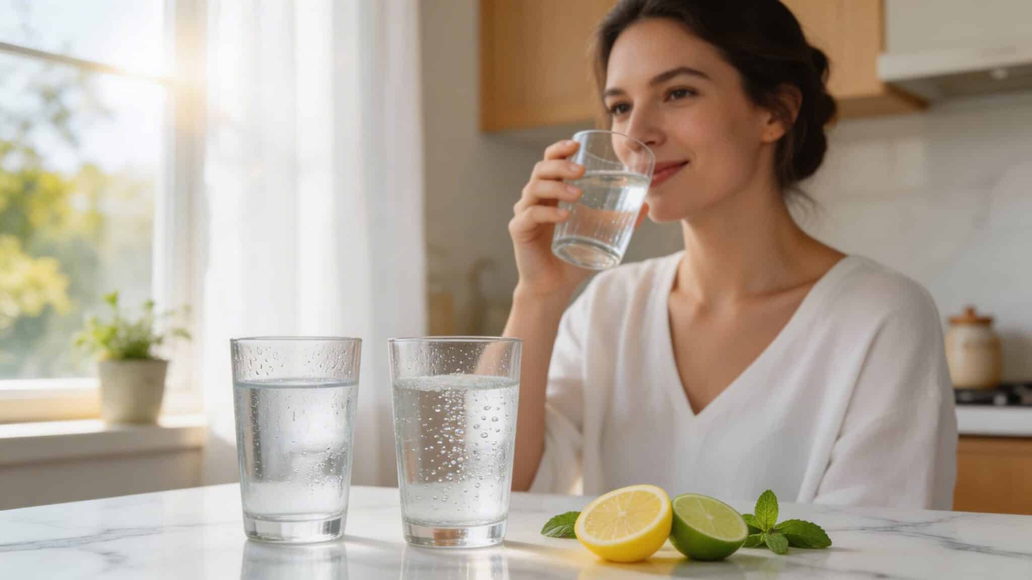 woman drinking sparkling water next to still water, showing both count toward daily hydration