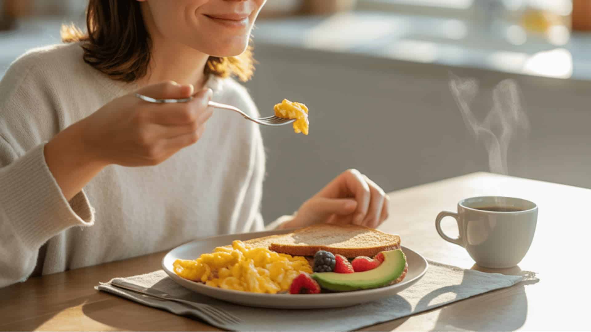woman eating breakfast with small cup of coffee sitting upright at table in bright morning kitchen