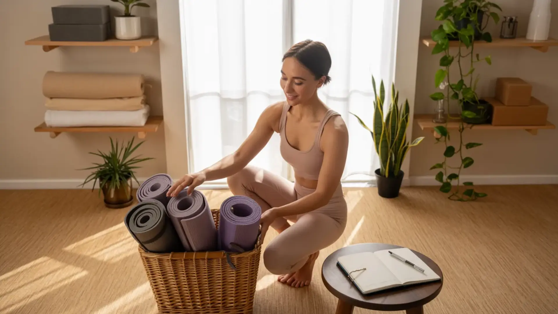 woman in neutral workout attire organizing rolled yoga mats in a sunlit, plant-filled home yoga space