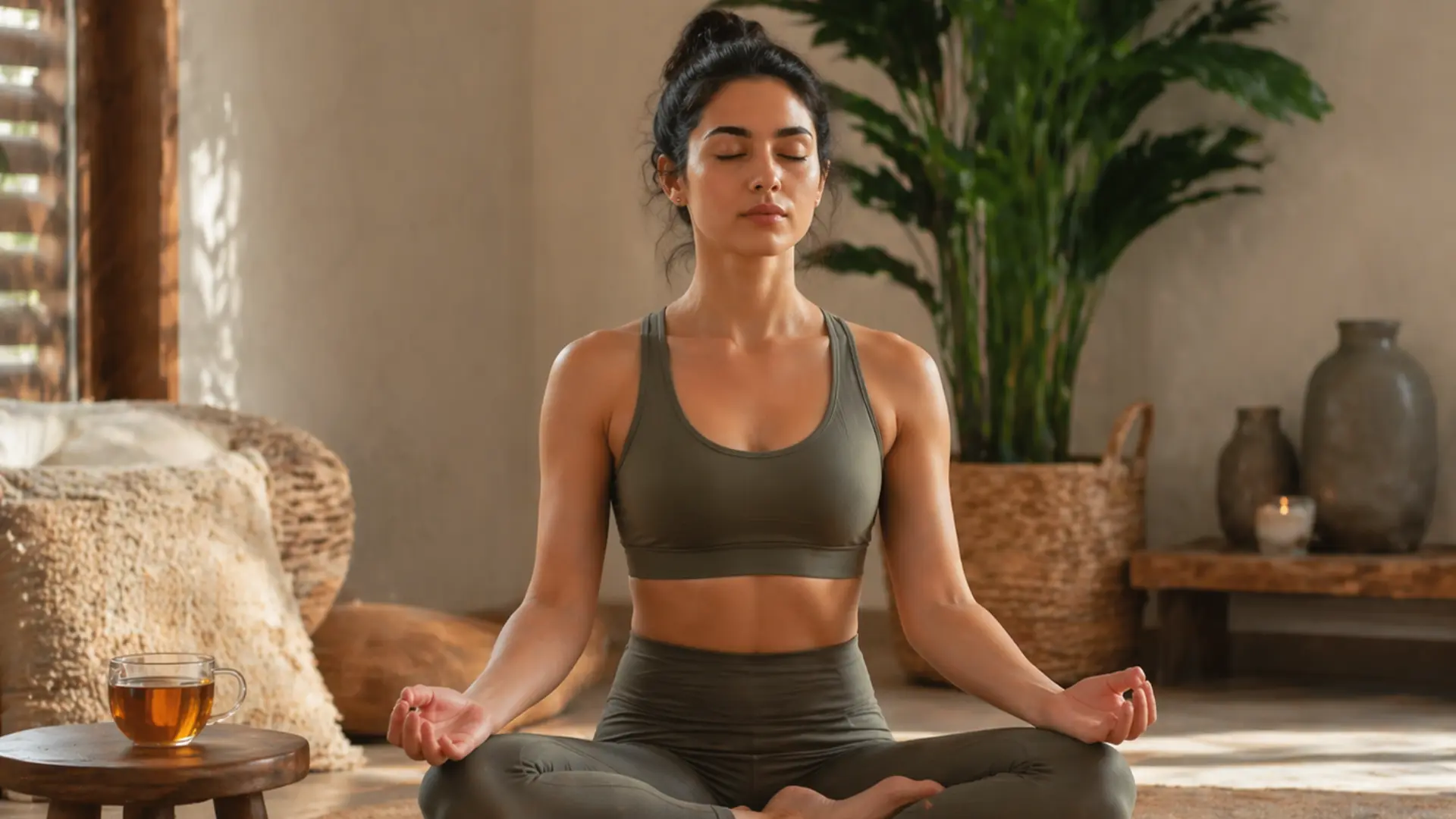 woman in olive workout attire sitting cross-legged with eyes closed, practicing calming pranayama breathing