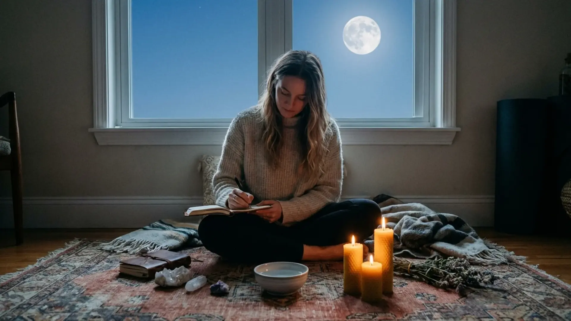 woman journaling on a rug with candles and crystals for a full moon ritual to release negative energy under a night sky