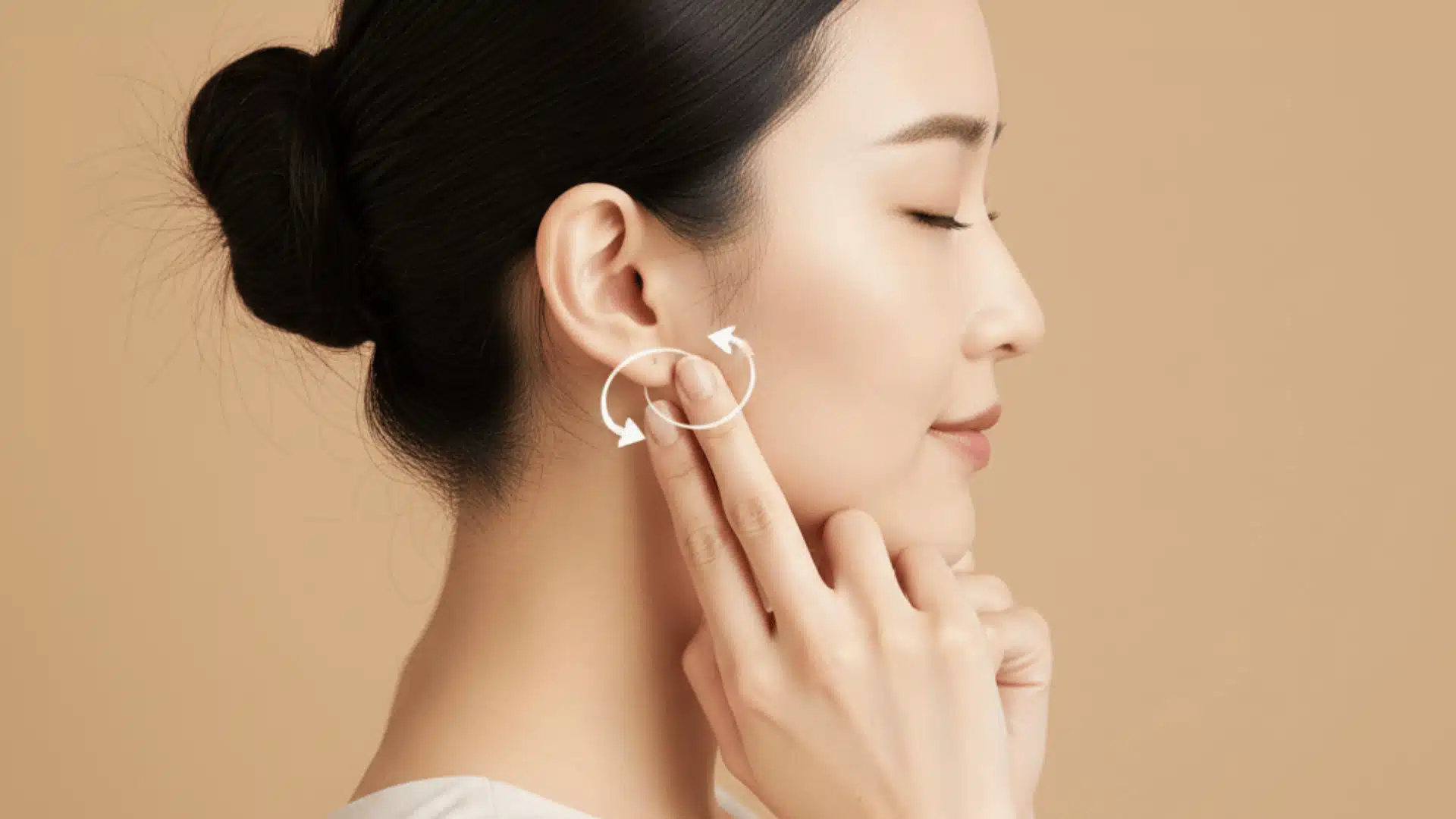 woman massaging tmj joint area in front of ear with circular motion arrows showing massage technique for pain relief