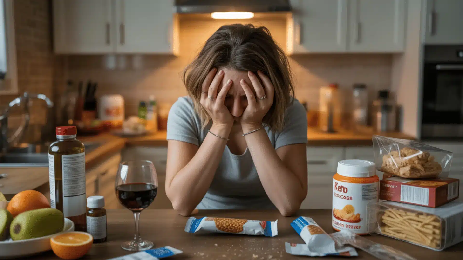 woman sits at a kitchen table, looking frustrated and tired. She holds her head in her hands, clearly overwhelmed