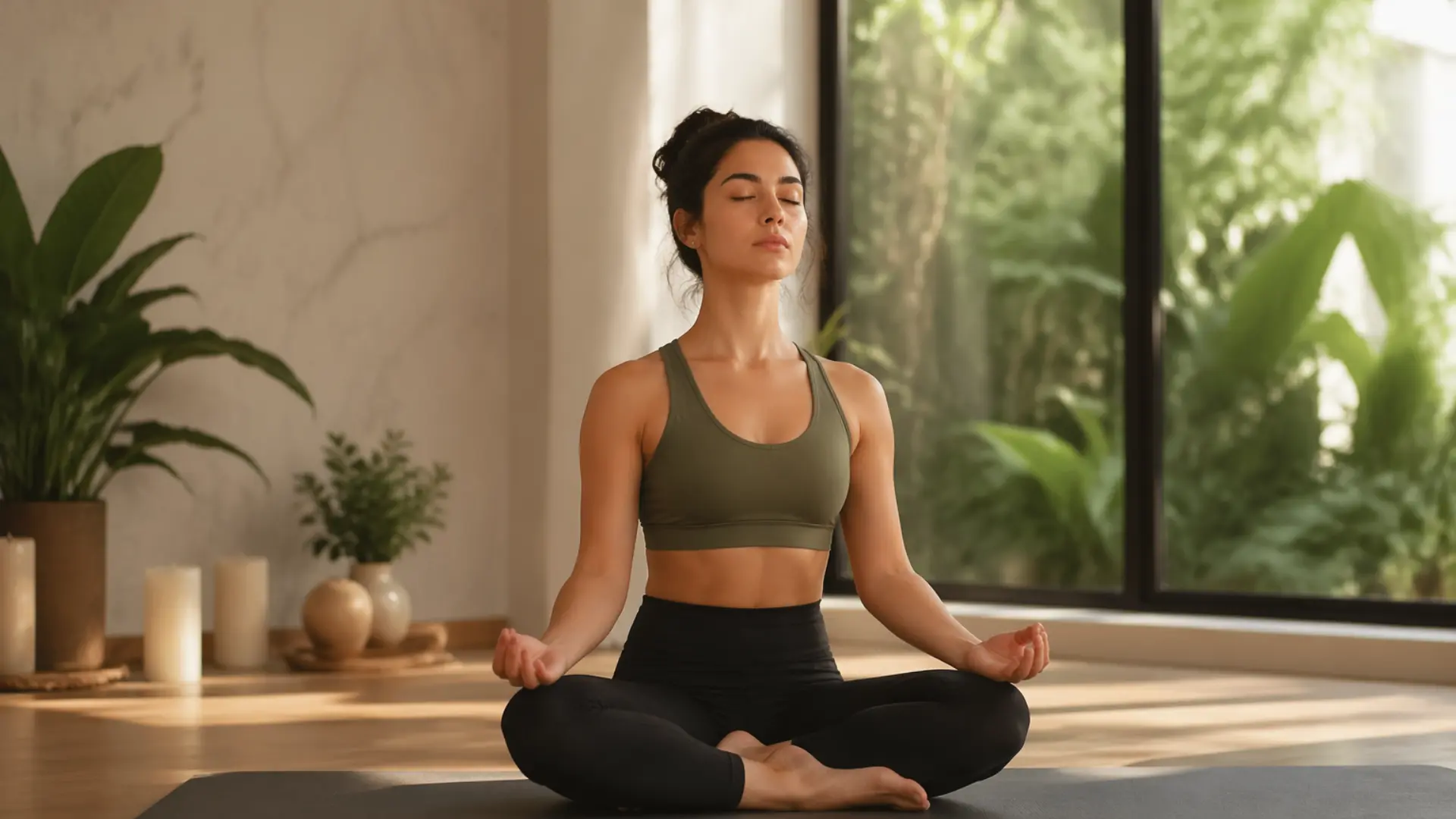 woman sitting in lotus pose on a yoga mat with eyes closed and hands resting on her knees