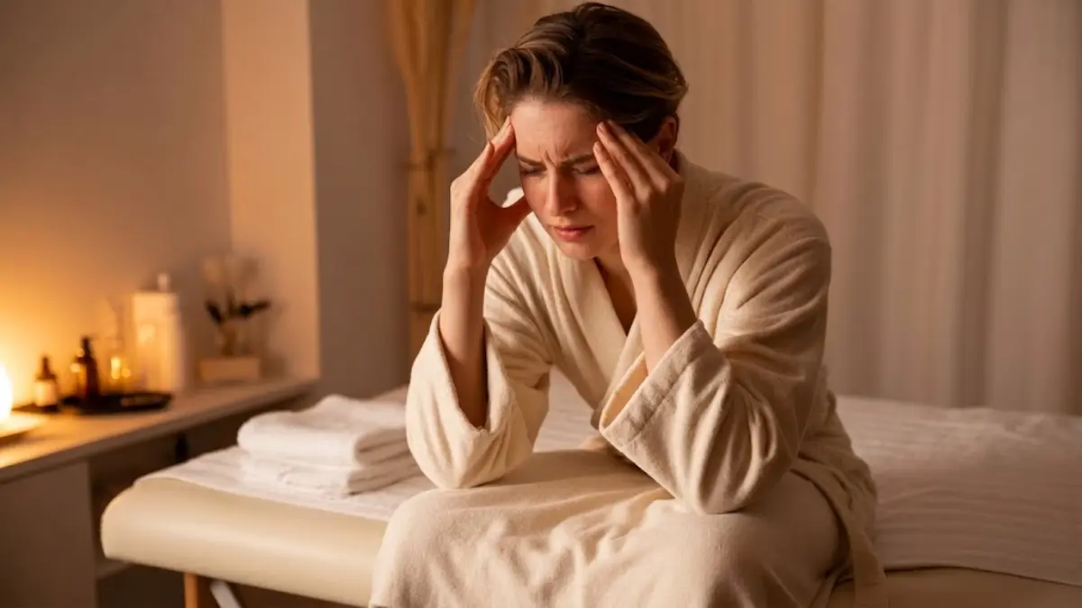 woman sitting on massage table holding her temples with a headache after massage in a calm spa setting
