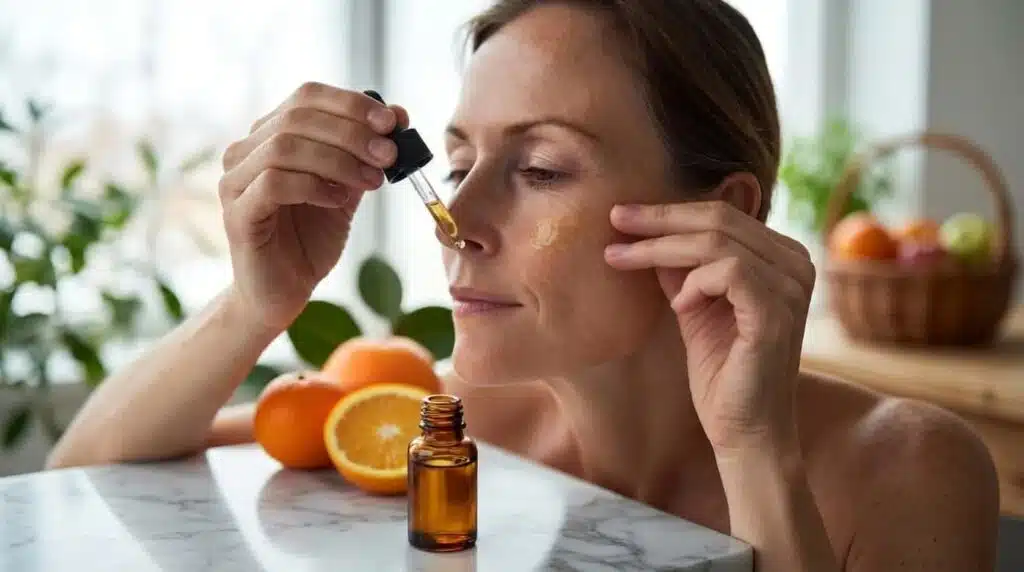 woman with subtle age spots applying brightening serum with dropper, natural daylight (2)