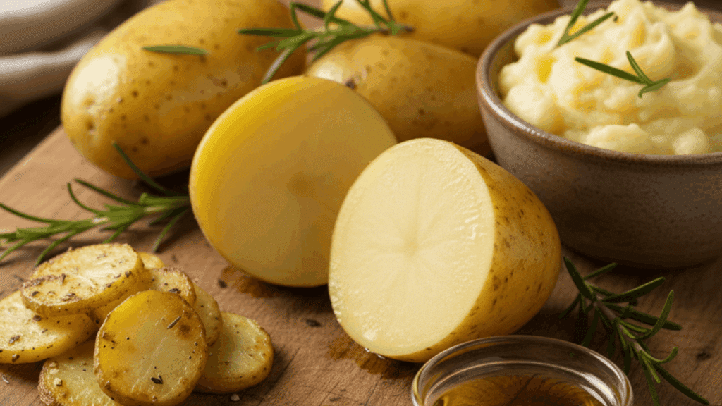 yellow potato on a wooden cutting board with sliced, roasted, and mashed potatoes portions.