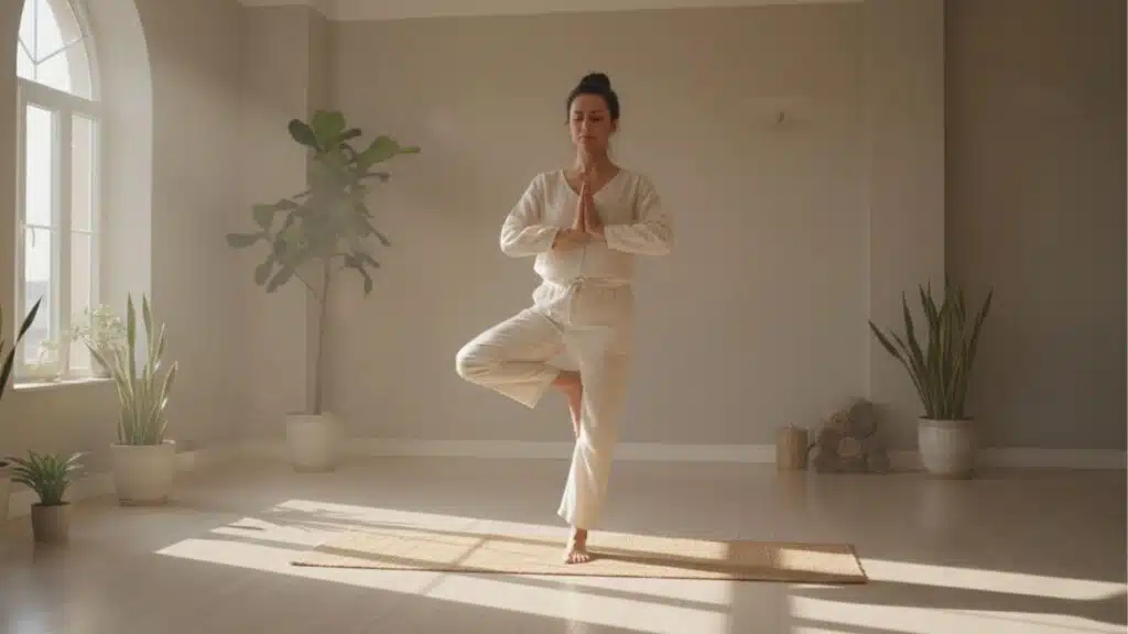 yoga studio with natural sunlight, a woman practicing a one-leg Tree Pose on a yoga mat, soft neutral interior, wooden floor, indoor plants, peaceful atmosphere