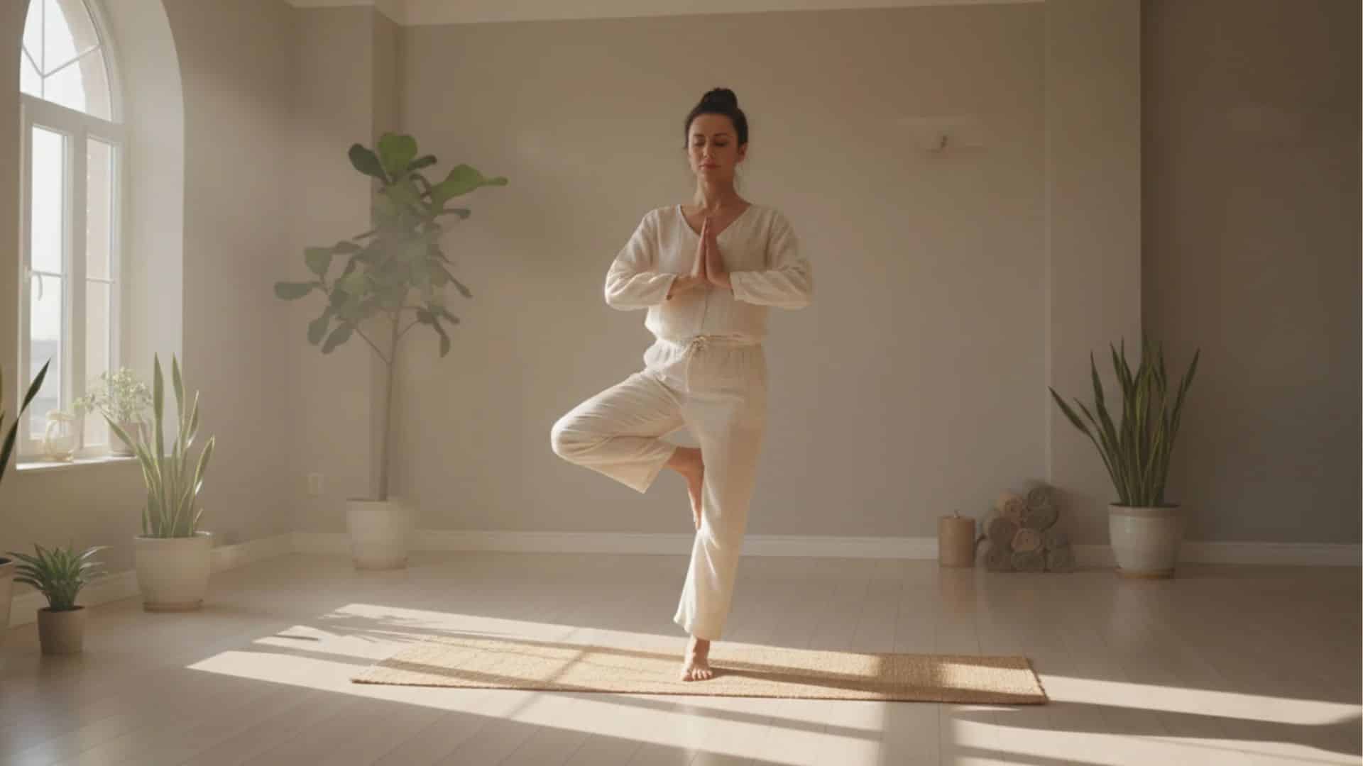 yoga studio with natural sunlight, a woman practicing a one-leg Tree Pose on a yoga mat, soft neutral interior, wooden floor, indoor plants, peaceful atmosphere