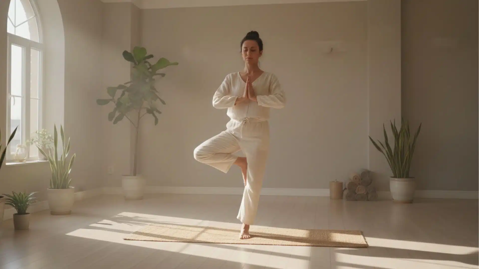 yoga studio with natural sunlight, a woman practicing a one-leg Tree Pose on a yoga mat, soft neutral interior, wooden floor, indoor plants, peaceful atmosphere