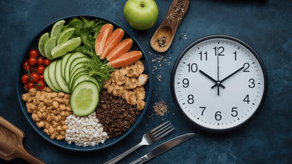a bowl of nutritious food with vegetables and protein placed next to a clock representing intermittent fasting timing