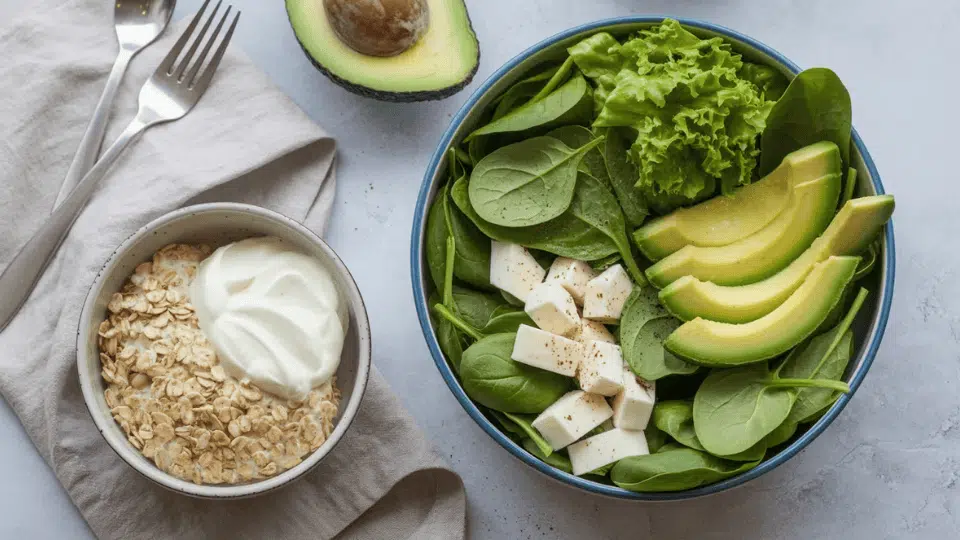 a bowl of spinach avocado and feta next to oats with yogurt on a light grey surface