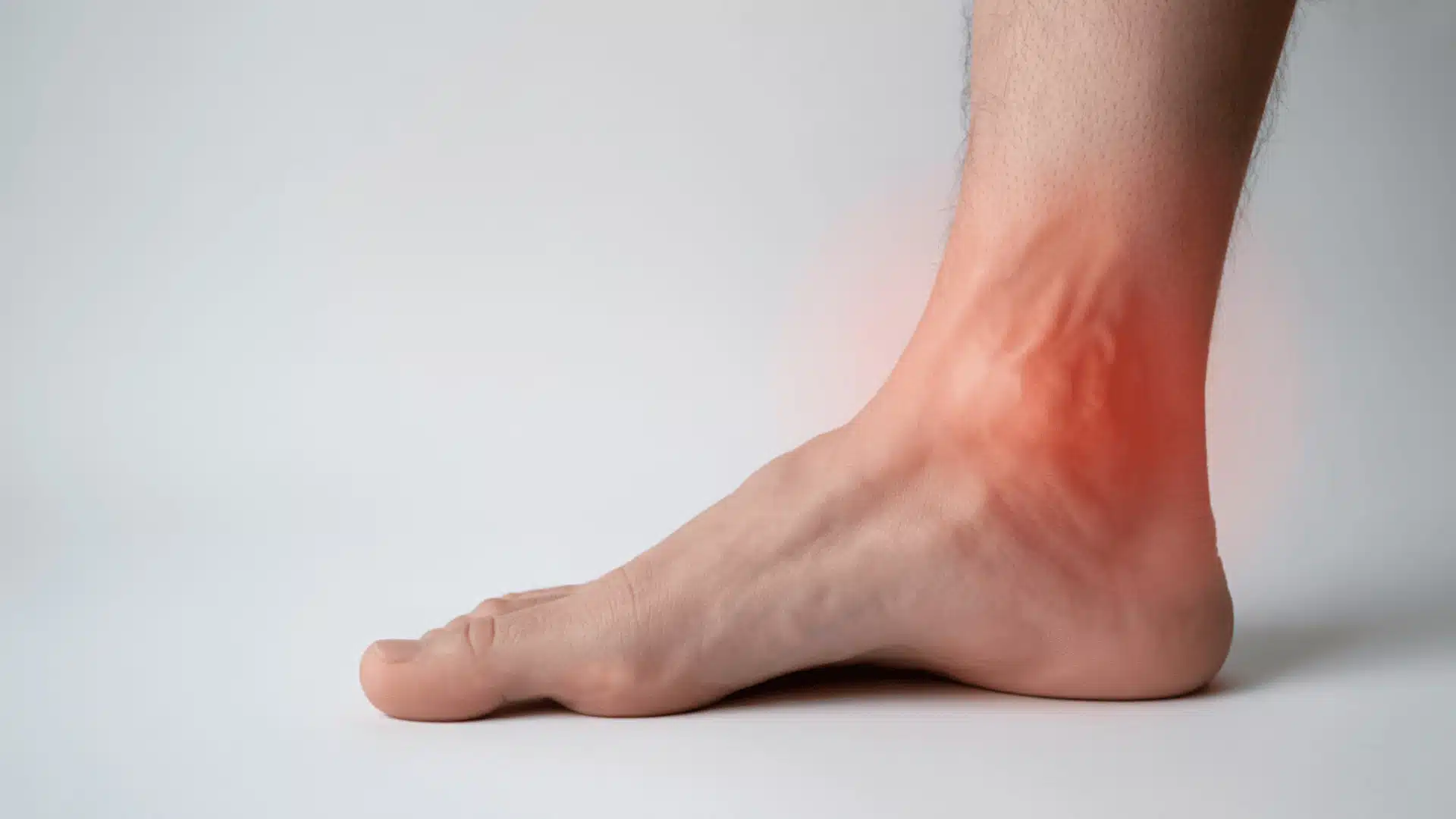 a close-up of a bare foot with redness and swelling around the inner ankle, indicating possible pain or injury