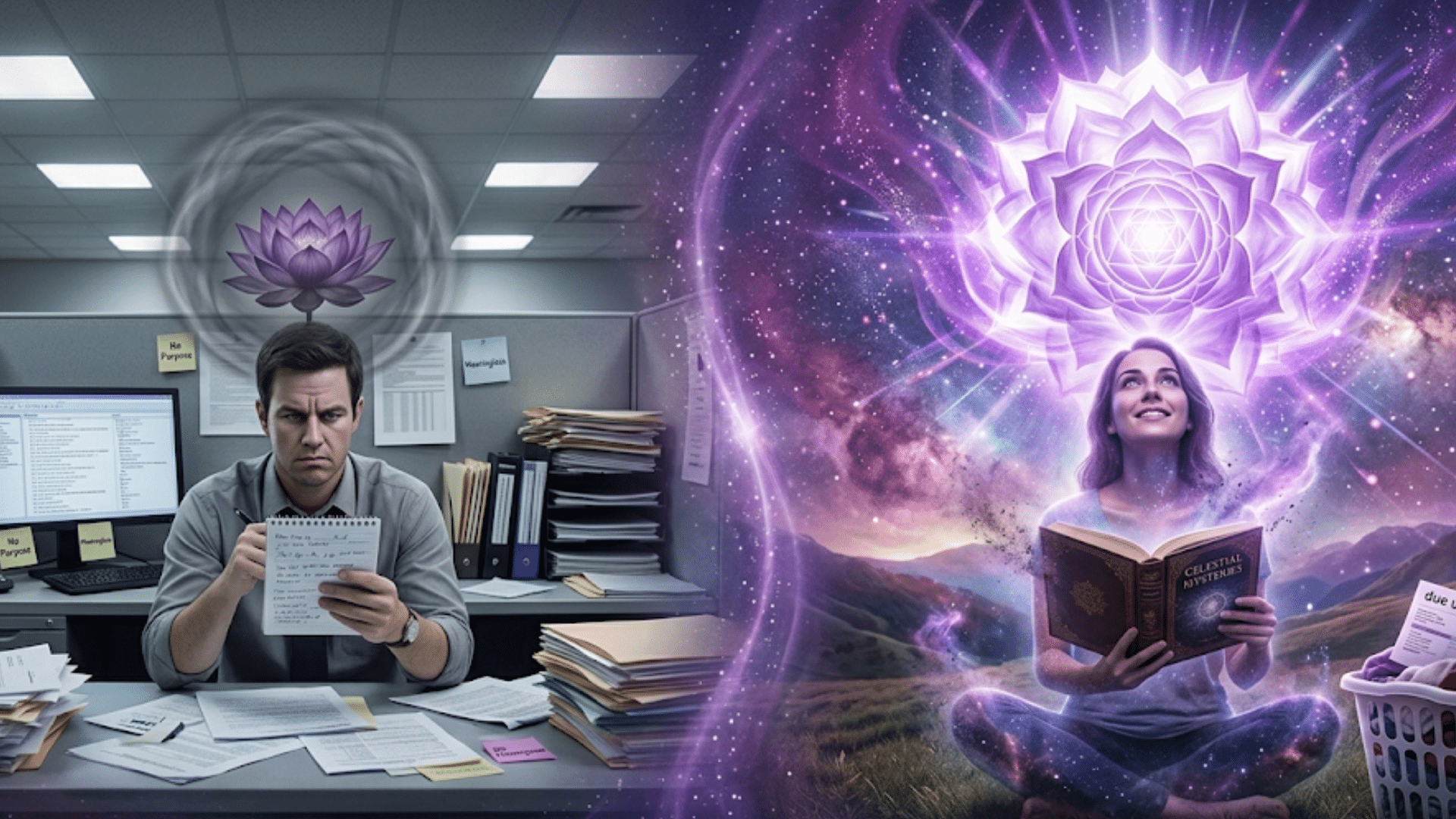 A conceptual split image showing a stressed office worker and a transcendent meditating woman, illustrating crown chakra imbalance
