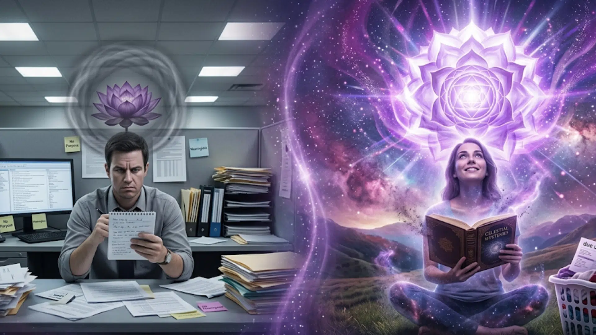 A conceptual split image showing a stressed office worker and a transcendent meditating woman, illustrating crown chakra imbalance