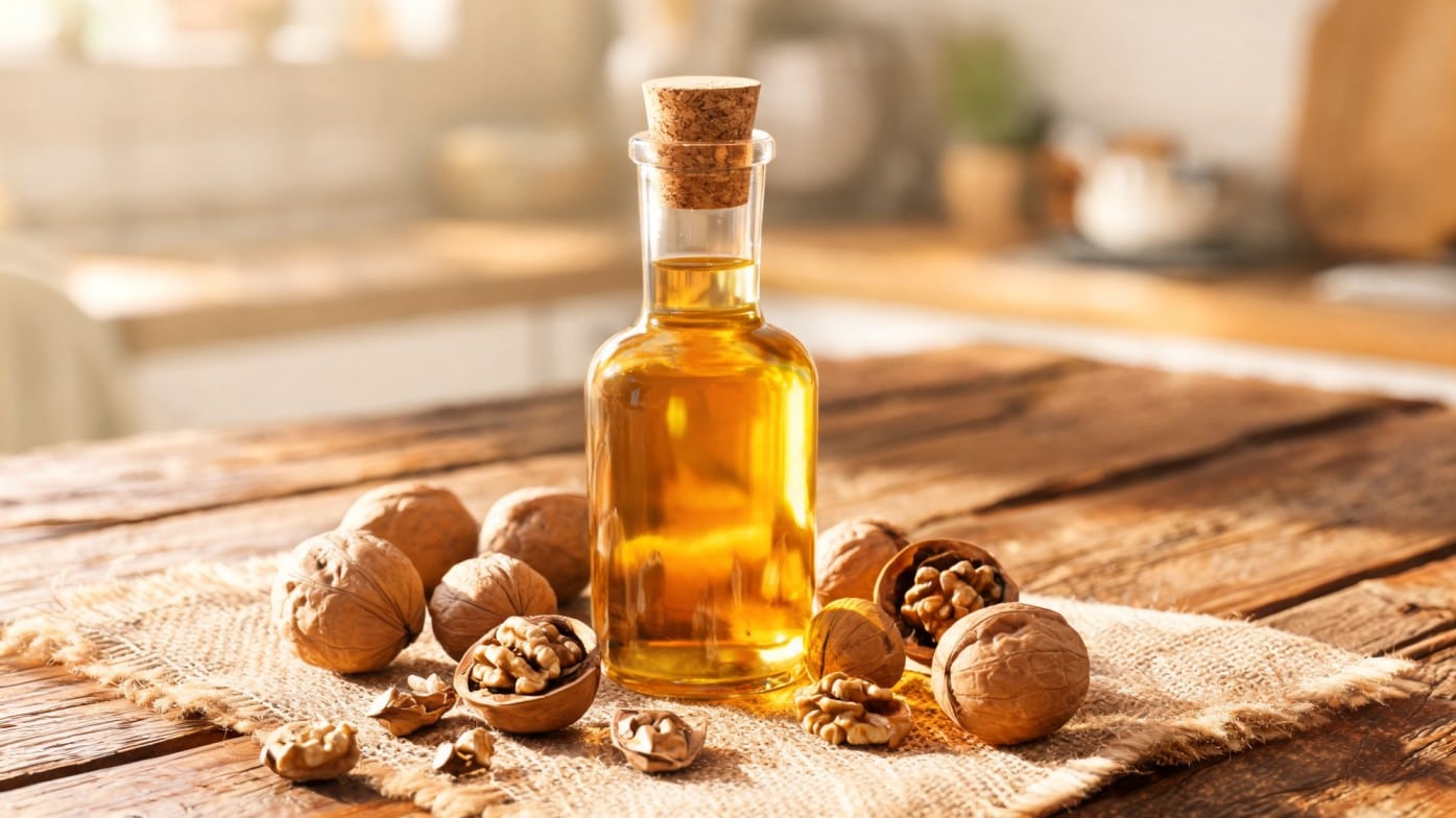 A glass bottle of golden walnut oil with a cork sits on a wooden table, surrounded by whole and cracked walnuts