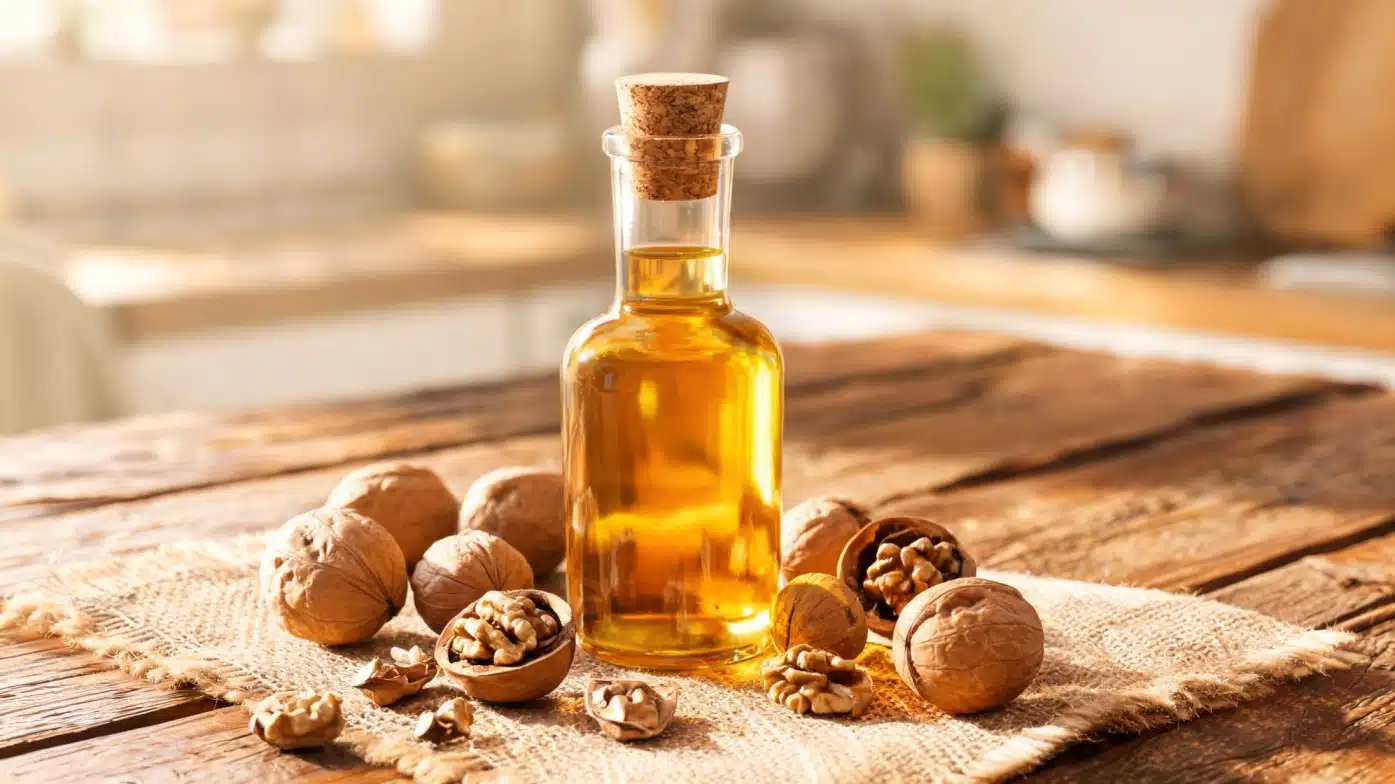 A glass bottle of golden walnut oil with a cork sits on a wooden table, surrounded by whole and cracked walnuts
