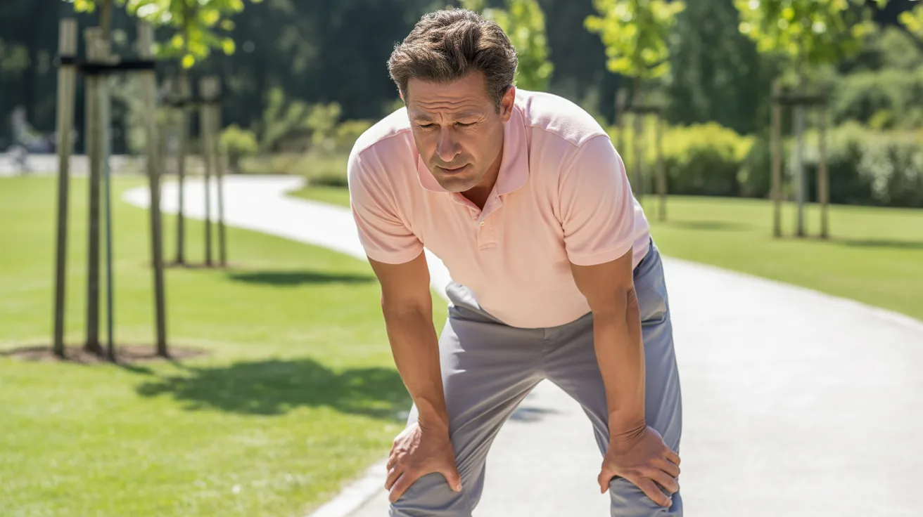 A man in a pink polo shirt stands on a sunny park path, bent forward with hands on knees, appearing tired or out of breath.