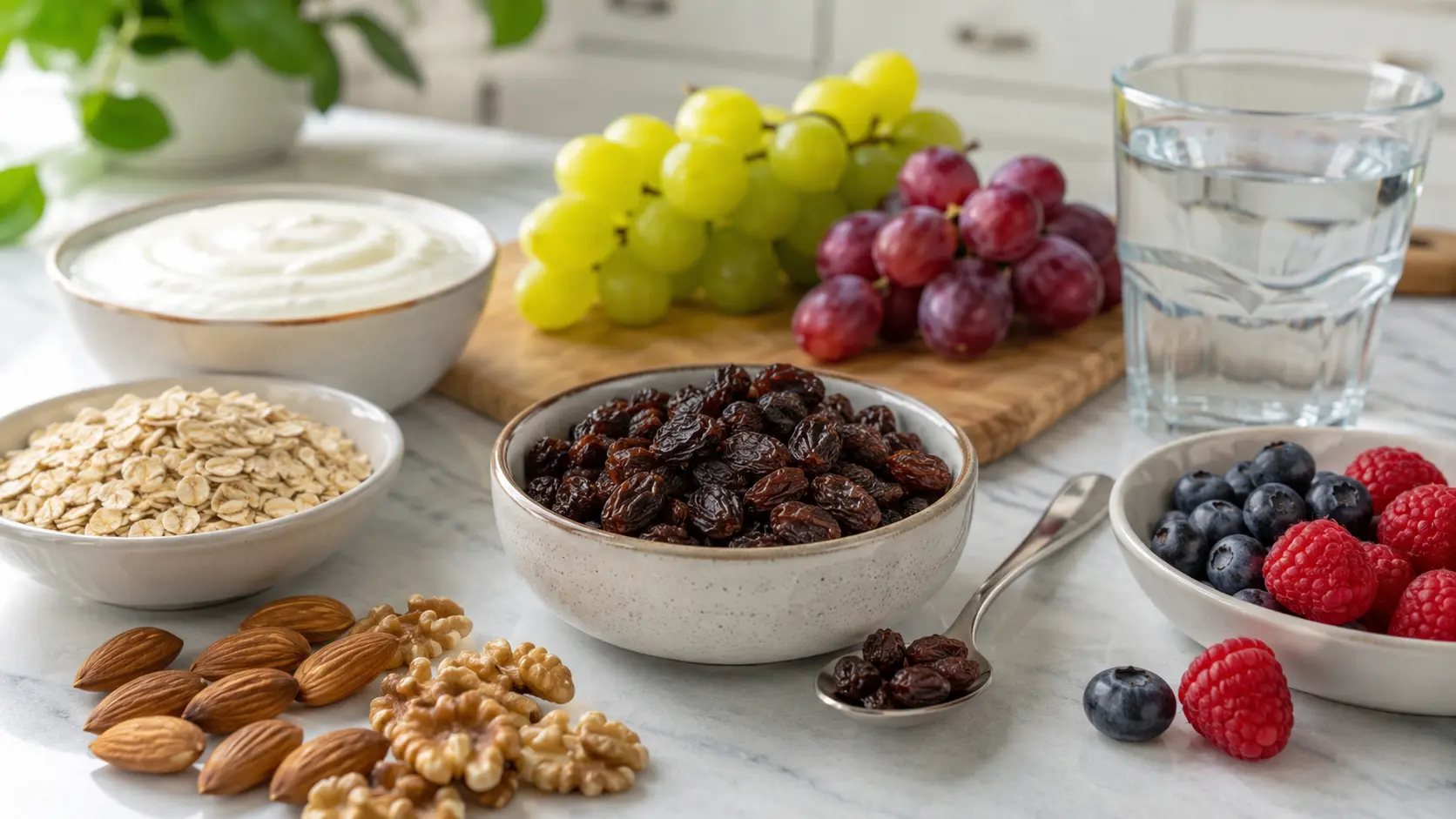 a measured small bowl of dark raisins as the main focus on a clean kitchen table
