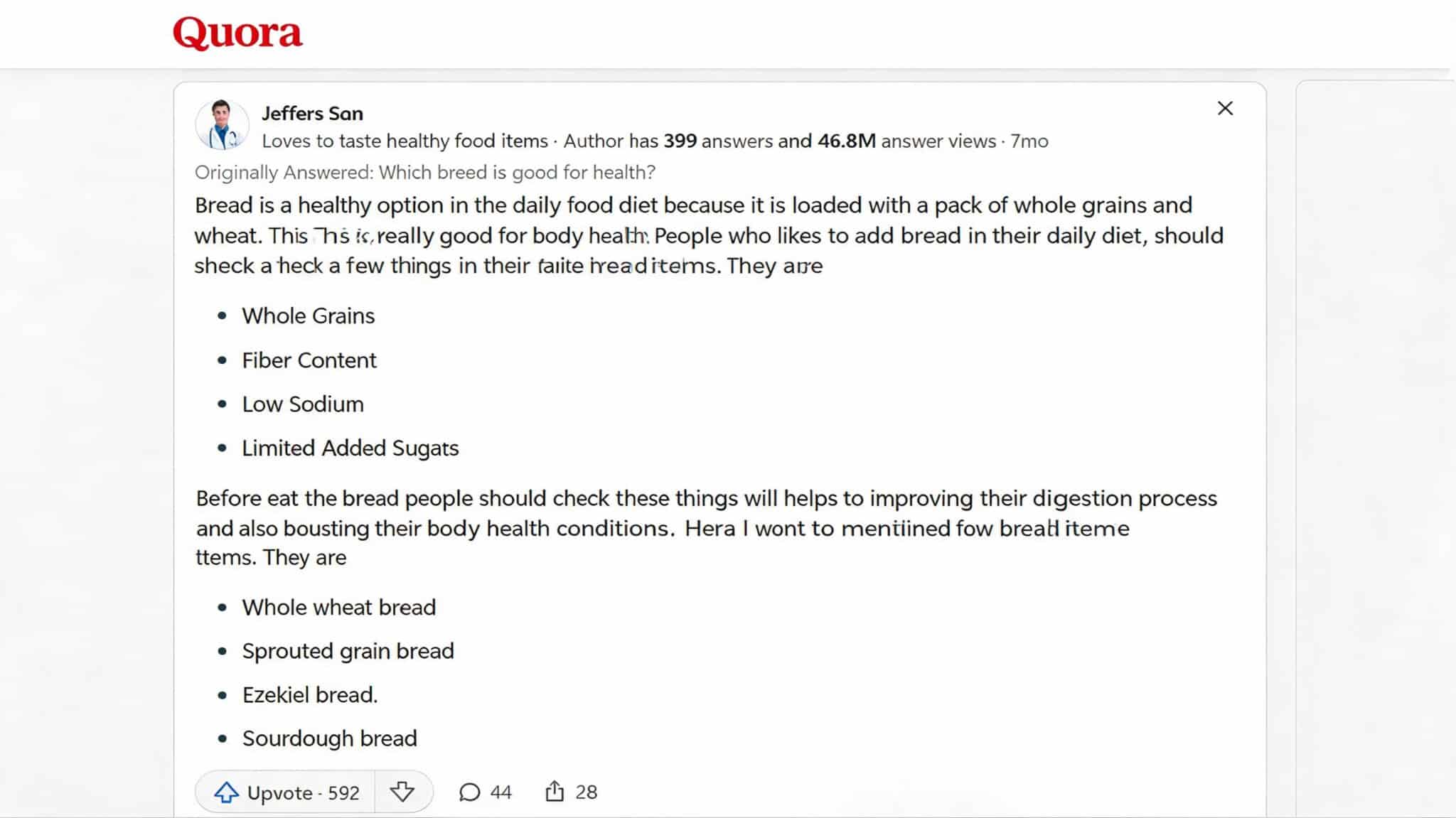a quora post discussing healthy bread options like whole wheat, sprouted grain, ezekiel, and sourdough bread