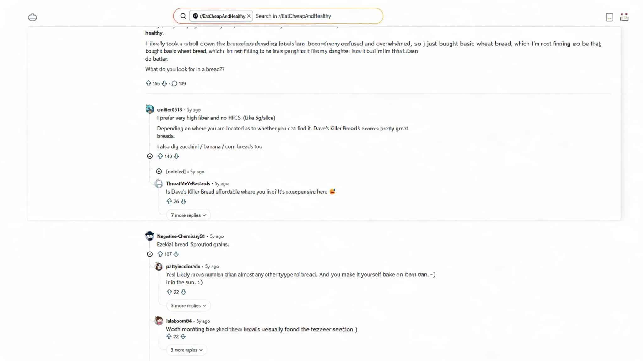 a screenshot of a discussion on reddit about healthy bread preferences and recommendations