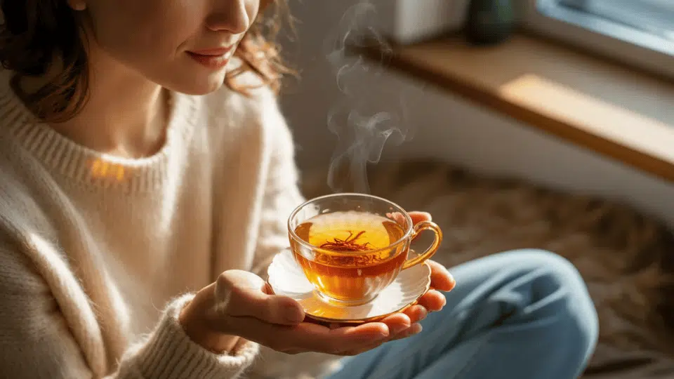 a woman holding a steaming cup of saffron tea with golden threads visible inside the glass cup