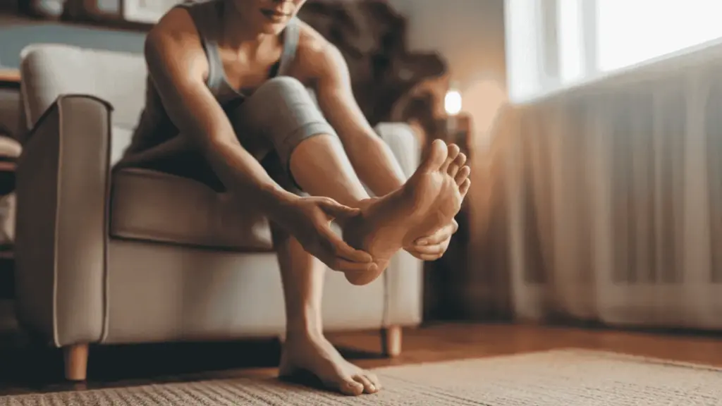 a woman sitting on a chair, stretching and holding her foot to improve ankle flexibility, the room has a cozy, relaxed atmosphere with soft lighting