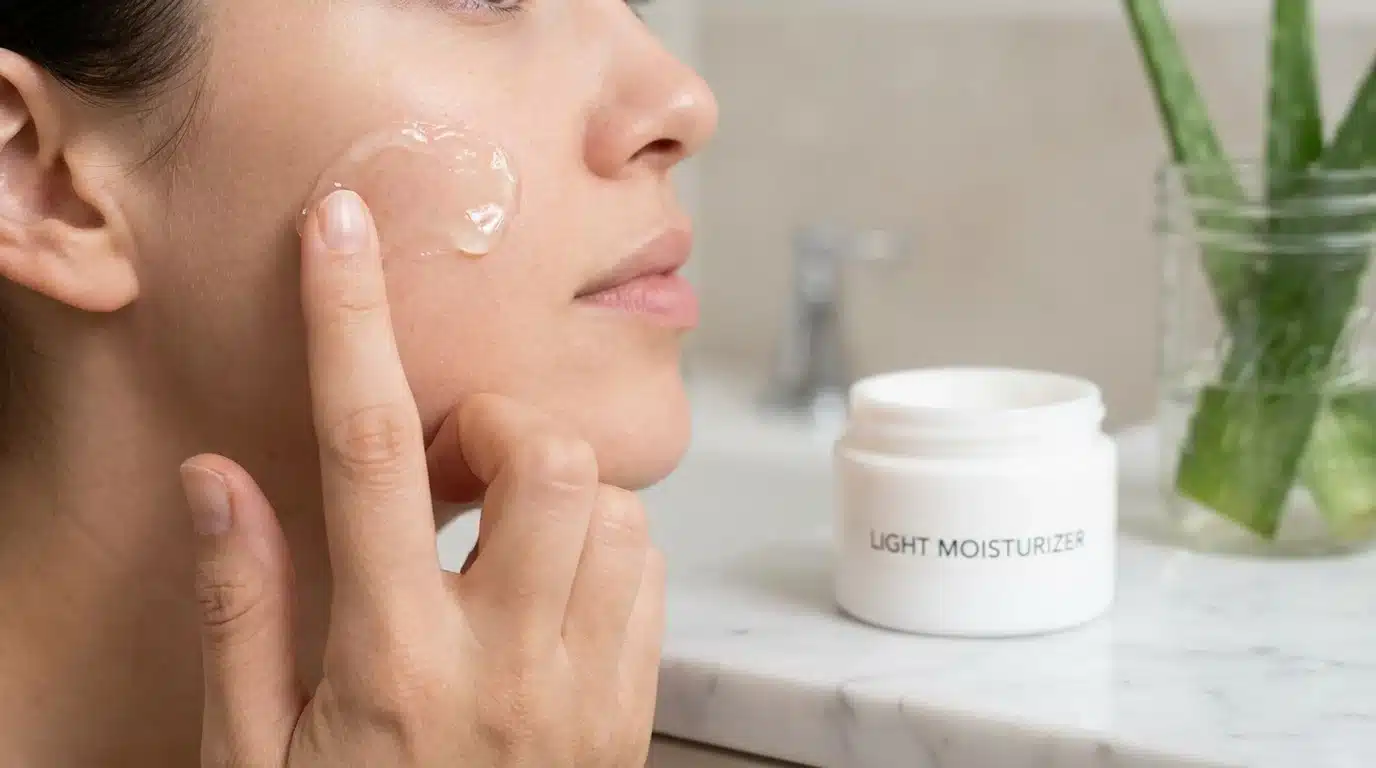 aloe vera gel applied to clean face for light hydration on oily and combination skin without heavy cream