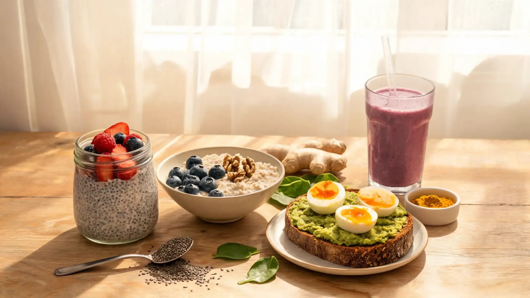 anti inflammatory breakfast with oats chia pudding smoothie and avocado toast on a wooden table