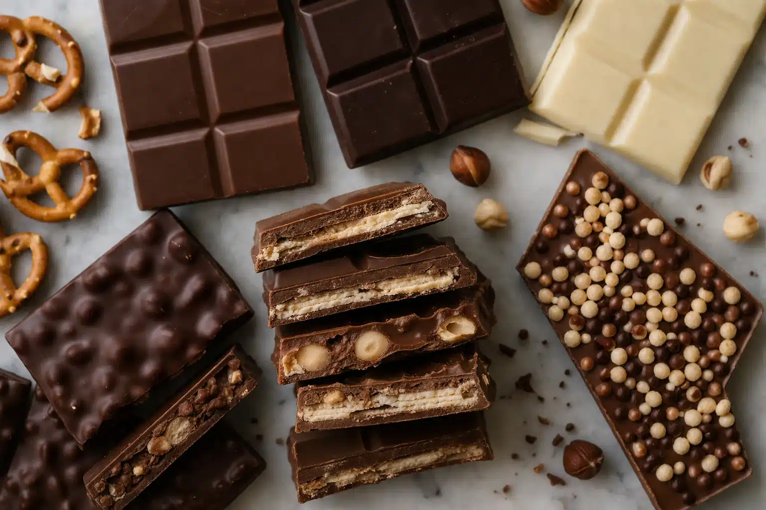 assorted chocolate bars with wafers nuts crispy toppings and pretzels showing ingredients that may contain gluten