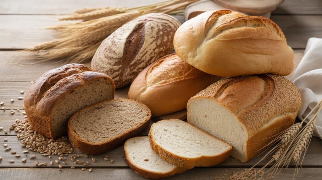 assortment of freshly baked breads with varying textures and colors on a rustic wooden table, surrounded by grains