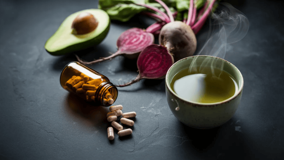 avocado beetroot herbal supplements and steaming green tea for natural liver detox support