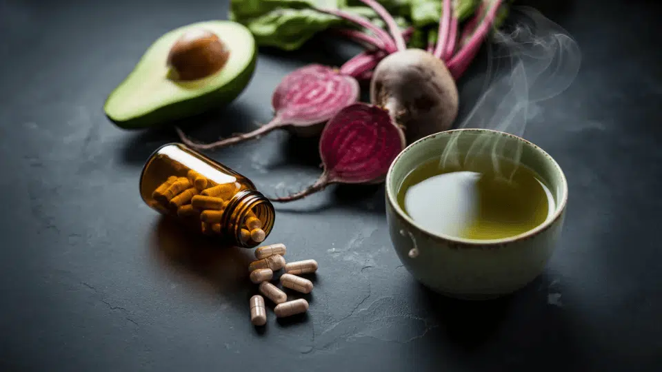 avocado beetroot herbal supplements and steaming green tea for natural liver detox support