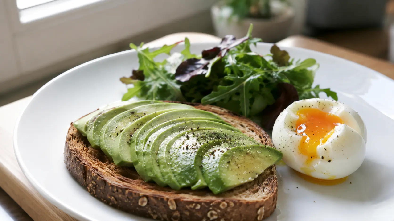 avocado toast with egg and salad on a white plate