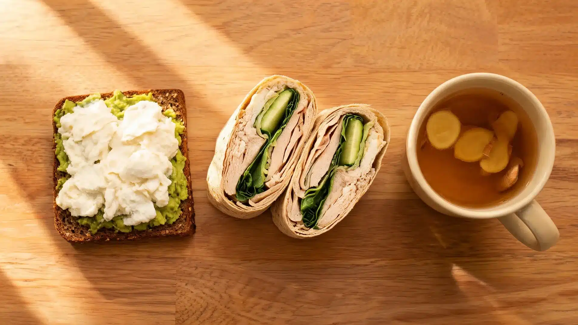 avocado toast with egg whites, turkey cucumber wrap, and ginger tea served on a wooden table in warm natural light
