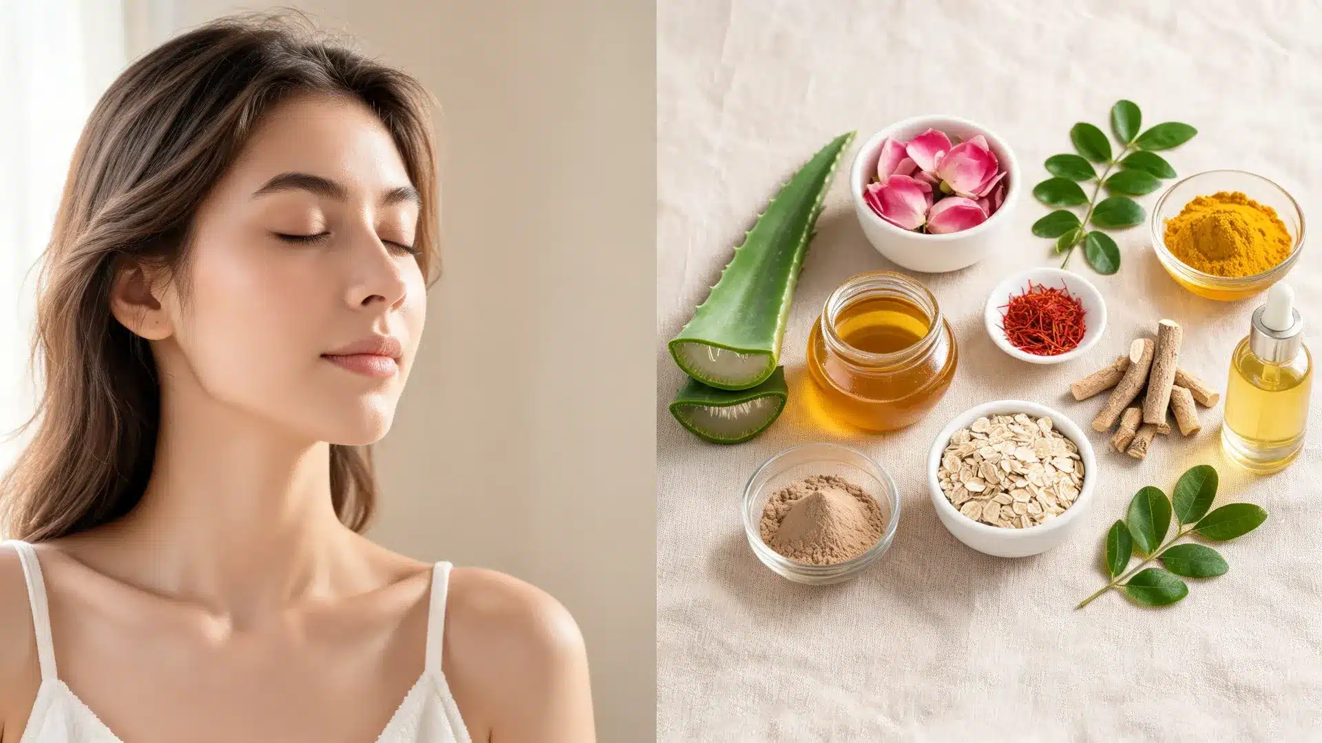 ayurvedic skin care benefits shown with herbs, oils, aloe, rose, turmeric, honey, and calm skin