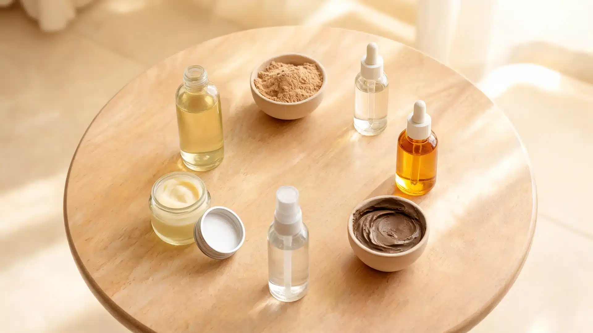 ayurvedic skin care products arranged on round table with oils, powders, mask, hydrosol and balm